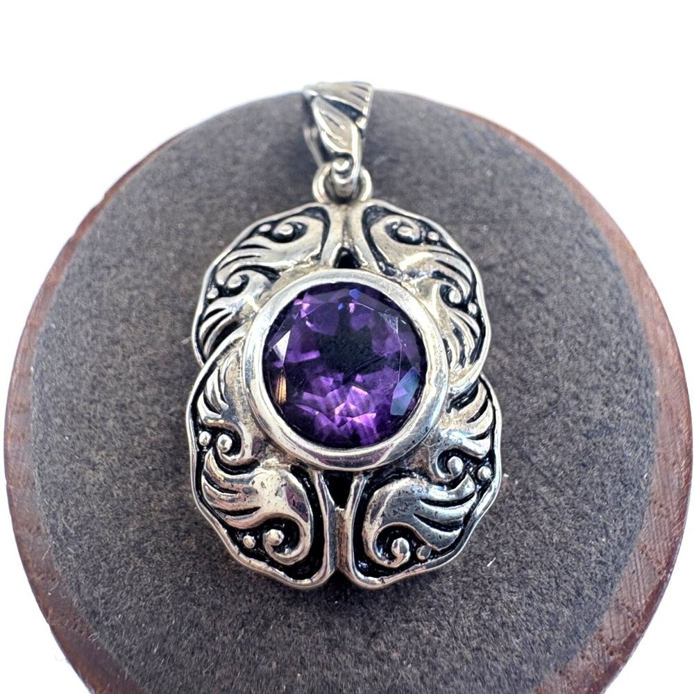 VTG Sterling Silver 925 Amethyst Wave Design Pendant Size 1.25" Length